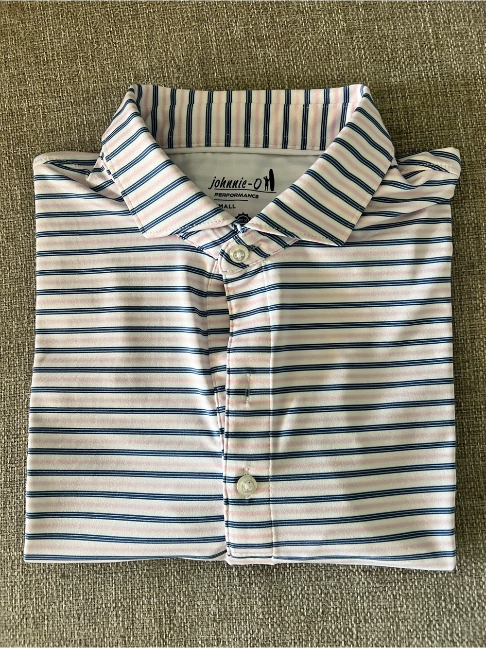 johnnie-O Light Pink Polo with Blue and Navy Stripes